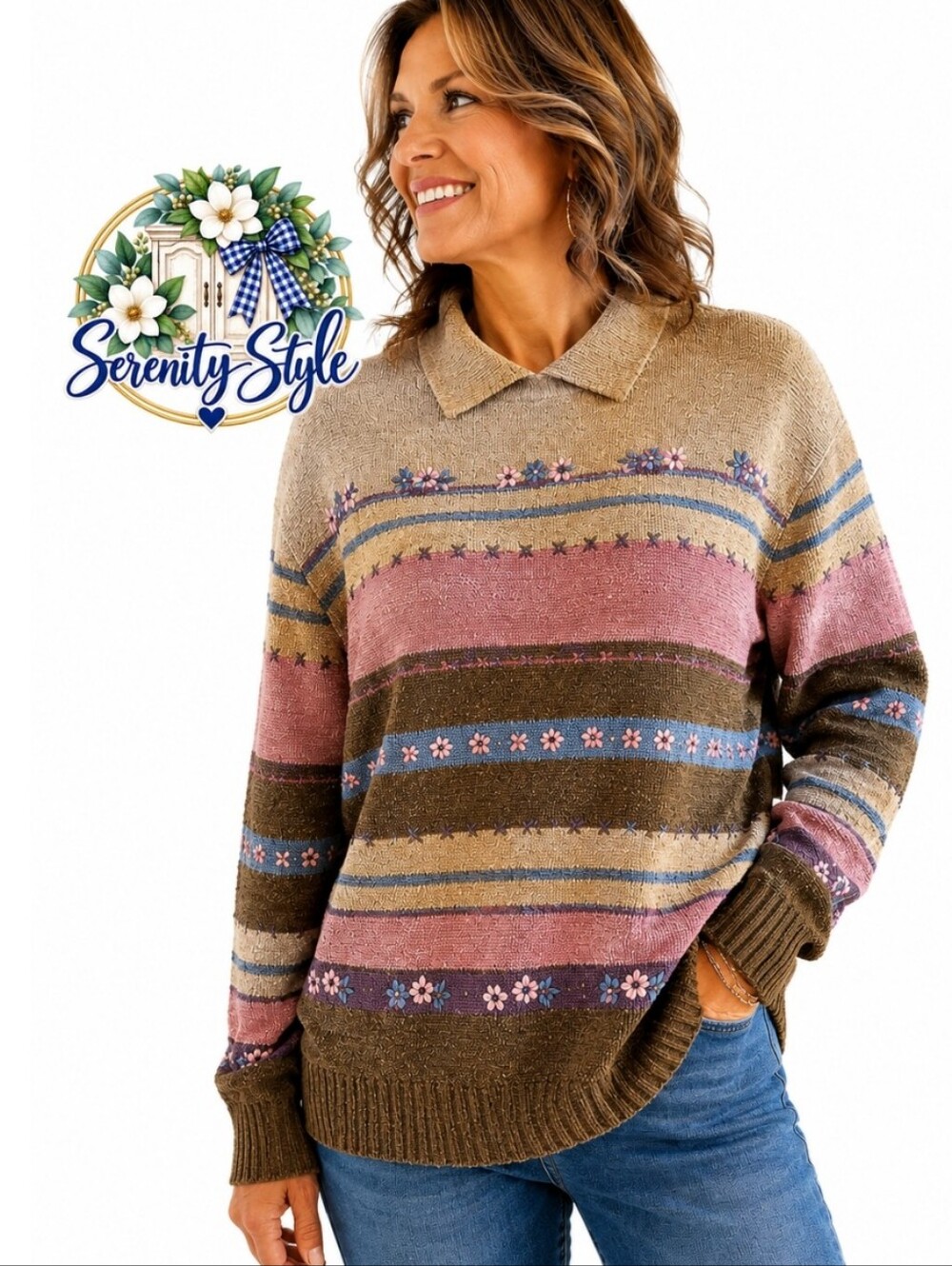 Alfred Dunner Large Chenille Floral Striped Collared Sweater Cottagecore